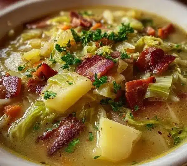 Irish Bacon, Cabbage, and Potato Soup 4 Delicious Irish bacon, cabbage, and potato soup served in a bowl