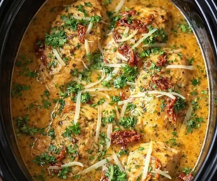 Bowl of delicious Crockpot Marry Me Chicken Soup garnished with herbs.