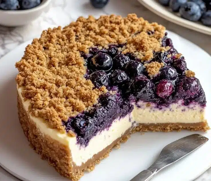 Irresistibly creamy blueberry crumble cheesecake dessert with crumble topping