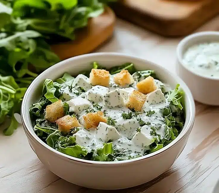 Creamy Cottage Cheese Caesar Dressing served on a fresh salad