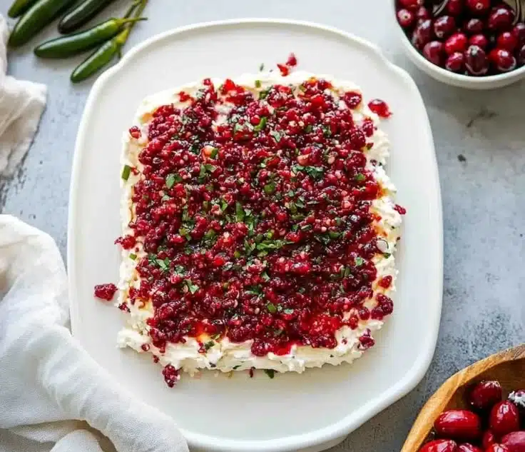 Creamy cranberry jalapeno cream cheese dip served in a bowl with crackers