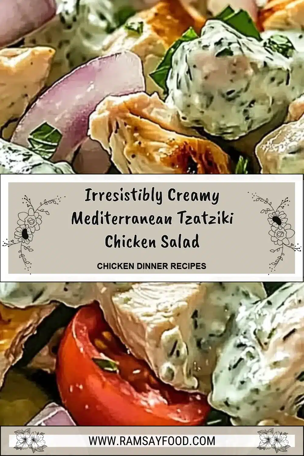 Creamy tzatziki chicken salad in a bowl topped with fresh herbs.