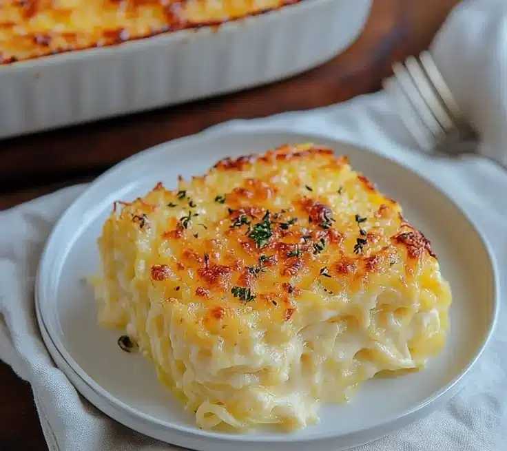 Creamy spaghetti squash au gratin baked to perfection, topped with cheese.