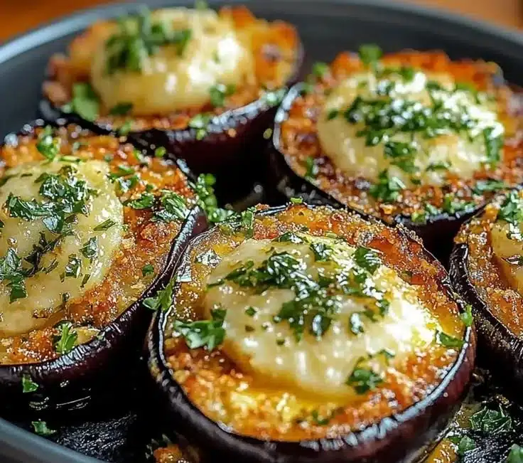 Crunchy garlic herb crusted eggplant slices on a plate