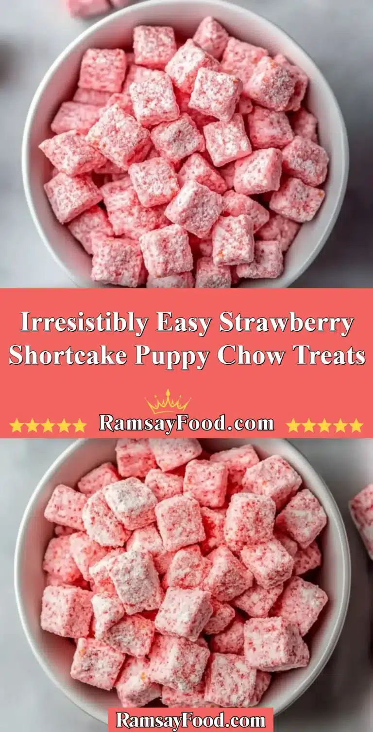 Irresistibly Easy Strawberry Shortcake Puppy Chow Treats 7 A bowl of Strawberry Shortcake Puppy Chow Treats topped with strawberries and cream.