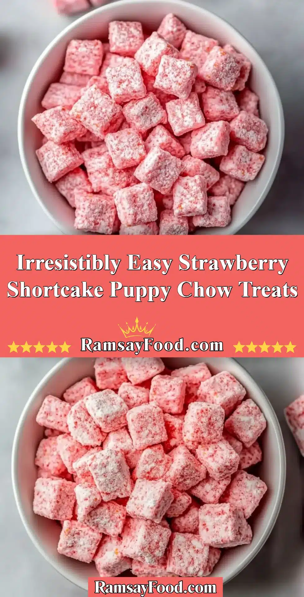 A bowl of Strawberry Shortcake Puppy Chow Treats topped with strawberries and cream.