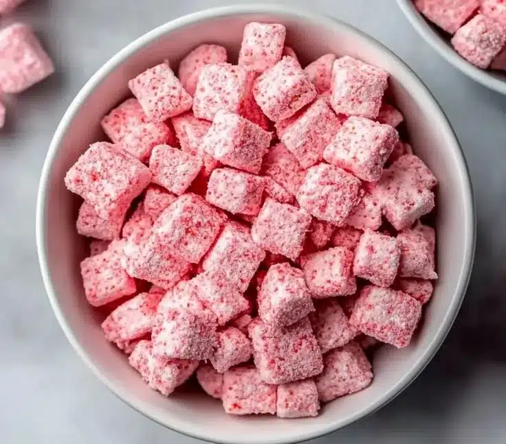 Delicious strawberry shortcake puppy chow treats in a serving bowl