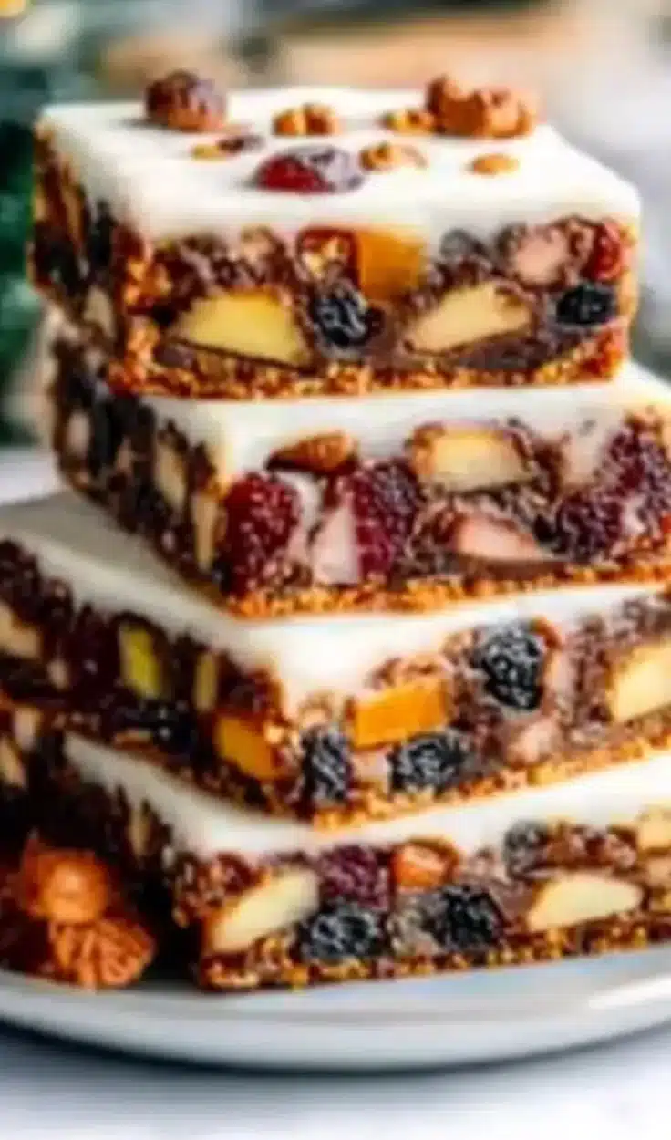 Irresistibly Festive Christmas Fruitcake Traybake to Share 7 Festive Christmas fruitcake traybake garnished with festive decorations.