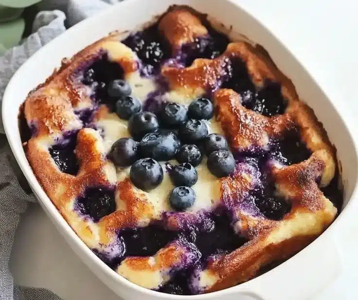 Irresistibly Gooey Overnight Blueberry French Toast Casserole 9 Delicious overnight blueberry french toast casserole topped with syrup and blueberries.