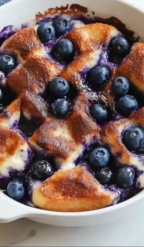Gooey overnight blueberry french toast casserole on a serving dish