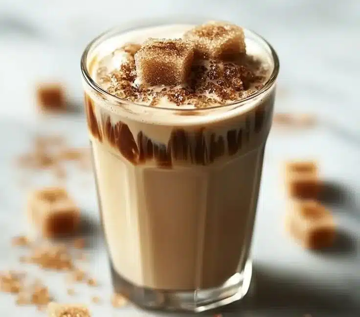 Delicious brown sugar vanilla iced coffee served in a glass with ice
