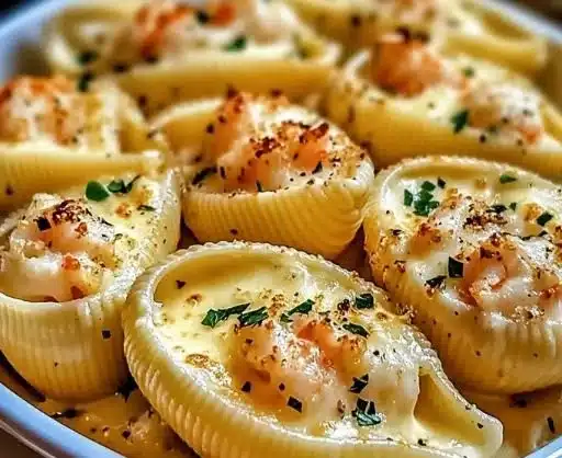 Creamy seafood stuffed shells dish garnished and ready to eat