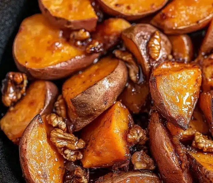 Roasted sweet potatoes drizzled with walnut maple glaze