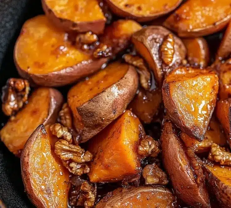 Irresistibly Sweet Walnut Maple Roasted Sweet Potatoes 4 Walnut maple roasted sweet potatoes on a serving platter