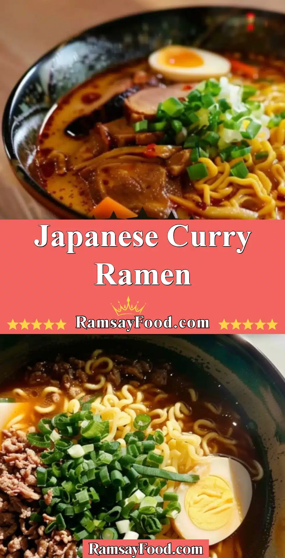 Japanese Curry Ramen 2 A bowl of Japanese curry ramen topped with green onions and egg.