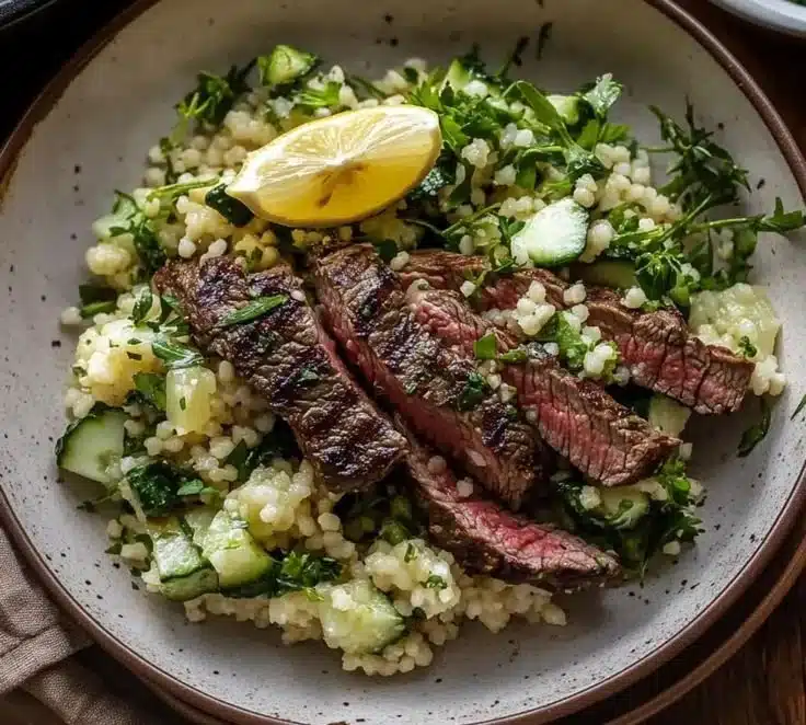 Juicy grilled skirt steak served with lemon herb couscous