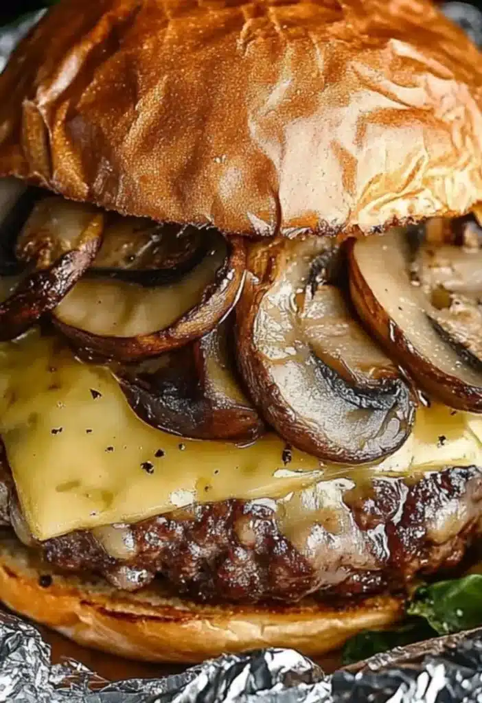 Juicy Mushroom Swiss Burger Foil Packets grilled to perfection