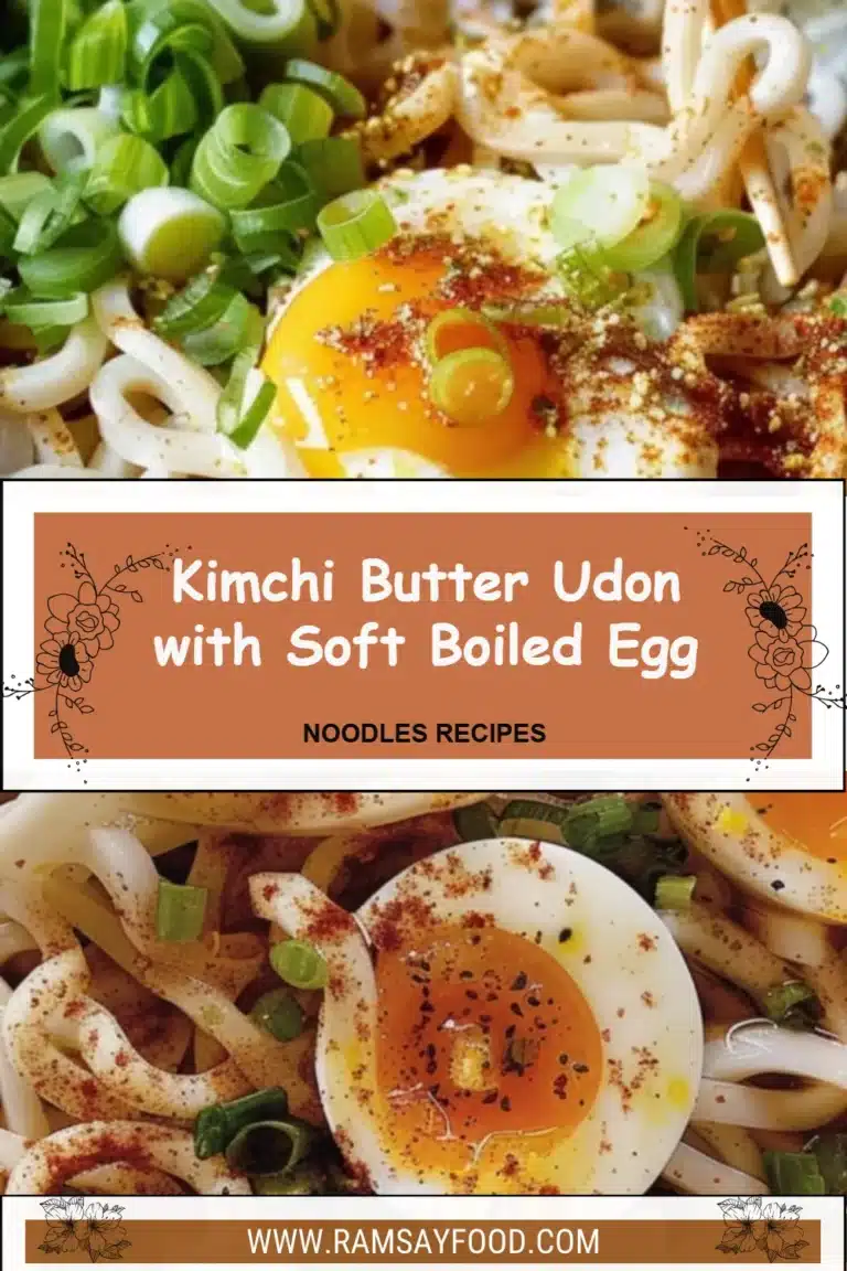 Kimchi butter udon topped with a soft boiled egg in a bowl