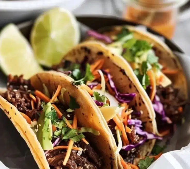 Korean Beef Bulgogi Tacos with Quick Kimchi Slaw 2 Korean beef bulgogi tacos garnished with quick kimchi slaw on a plate.