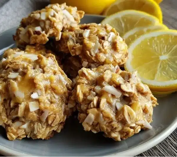 Lemon Oatmeal No-Bake Cookies 4 Lemon oatmeal no-bake cookies on a plate garnished with lemon zest