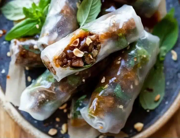 Lemongrass Beef Spring Rolls served on a wooden platter with dipping sauce