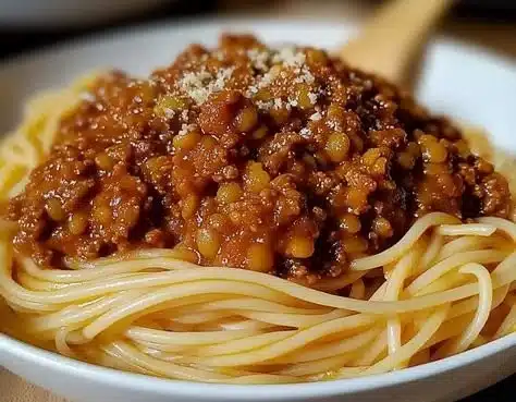 Bowl of delicious homemade Lentil Bolognese served with pasta