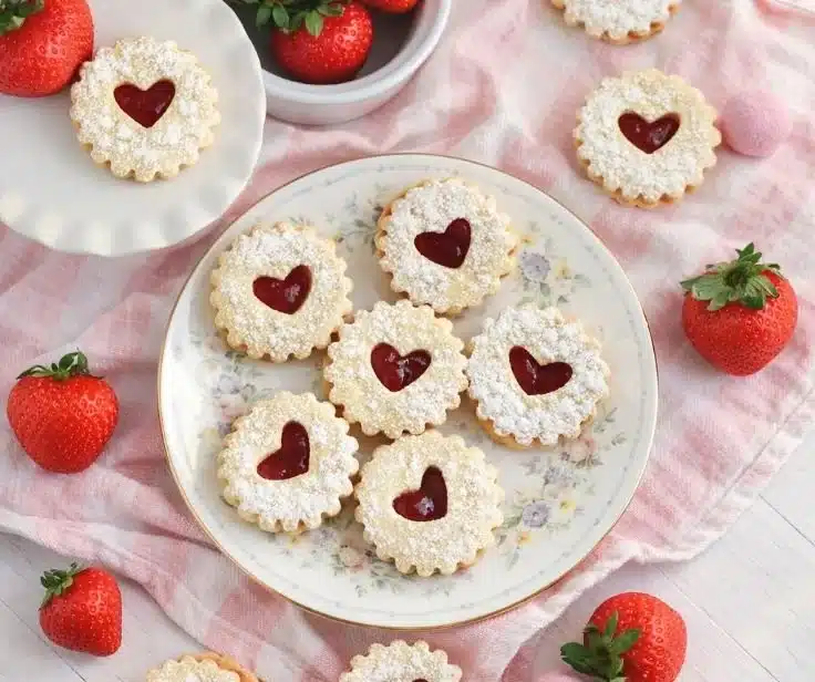 Delicious Linzer Cookies with jam filling and a dusting of powdered sugar