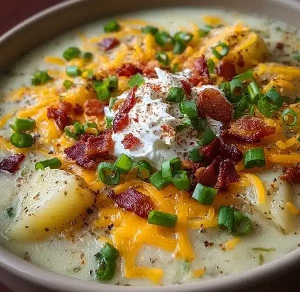 Bowl of loaded baked potato soup topped with cheese, bacon, and green onions