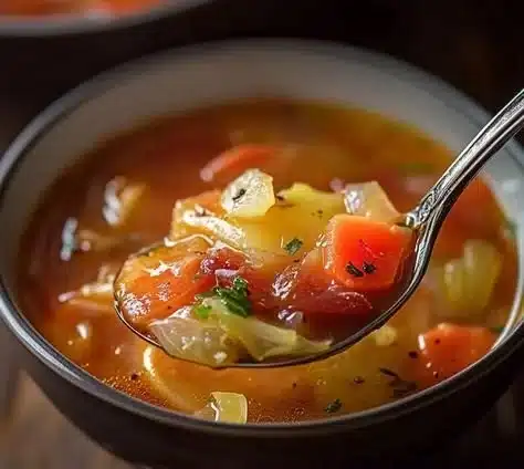 A bowl of low calorie cabbage soup with fresh vegetables and herbs
