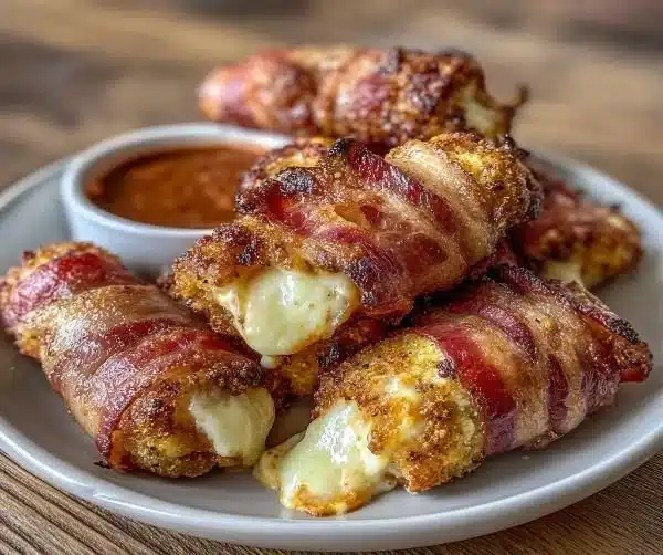 Low carb Nashville hot bacon wrapped mozzarella sticks served as a tasty snack