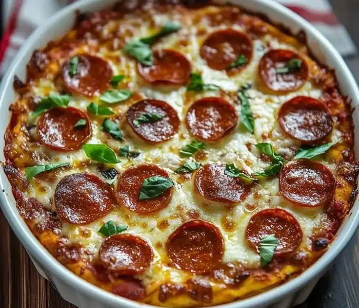 Low carb pizza casserole with mozzarella and pepperoni baked to perfection