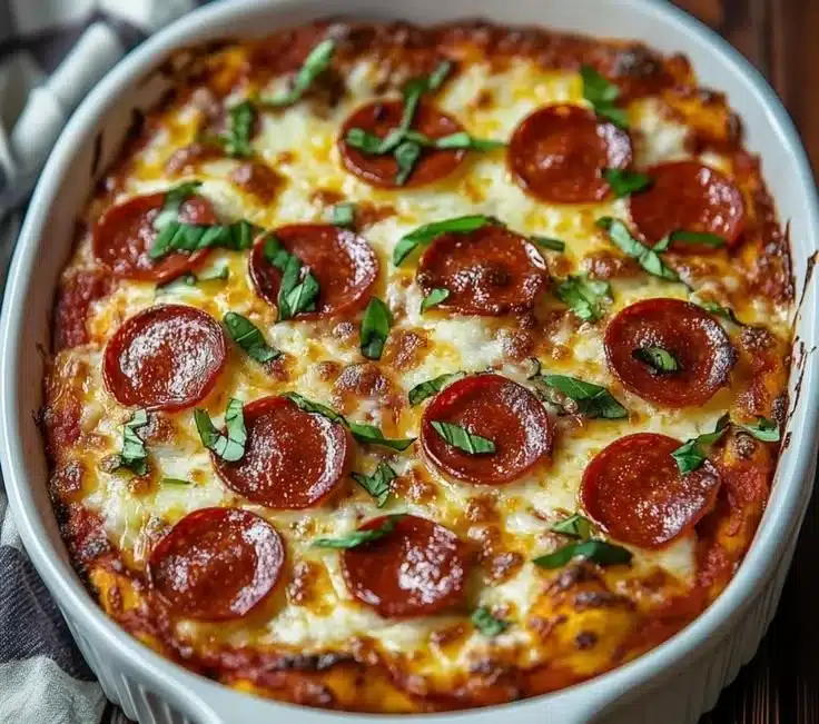 Low carb pizza casserole baked with cheese and pepperoni for a healthy meal