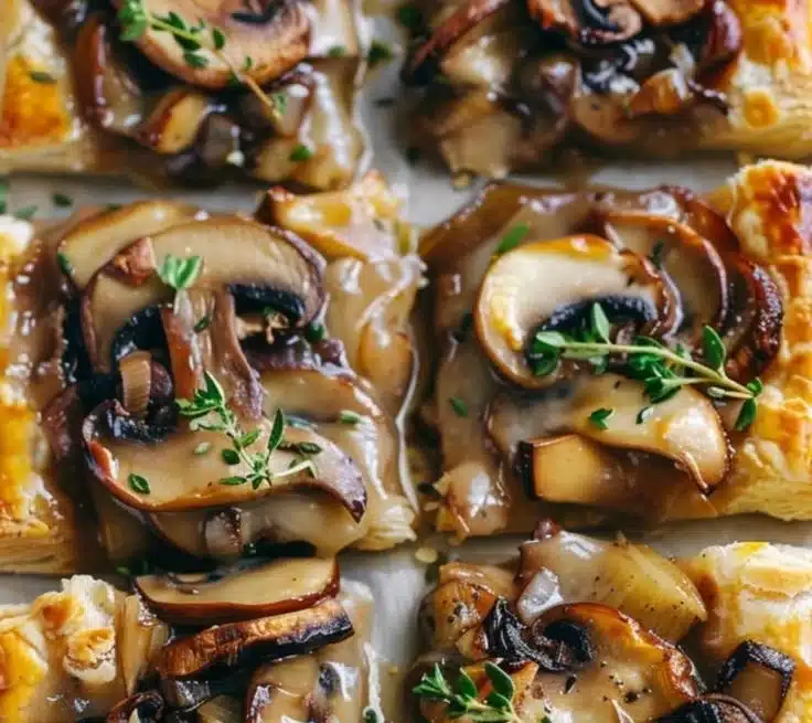 Luxe mushroom and thyme puff squares served on a platter