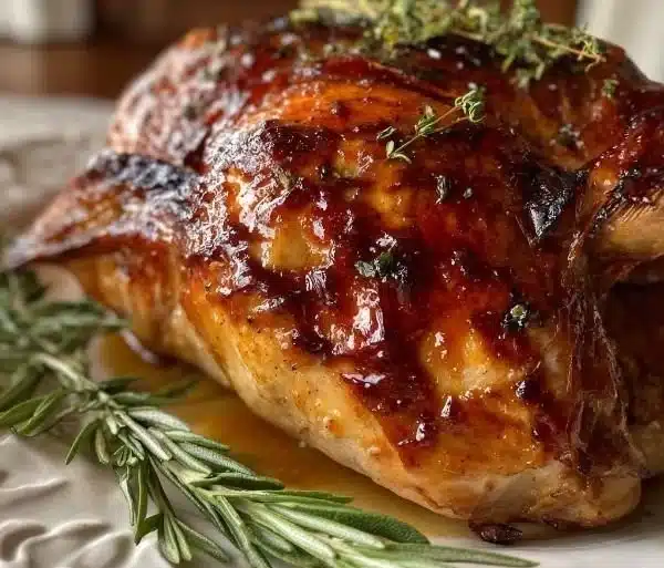 Maple-Glazed Roasted Turkey Breast garnished with herbs on a serving platter