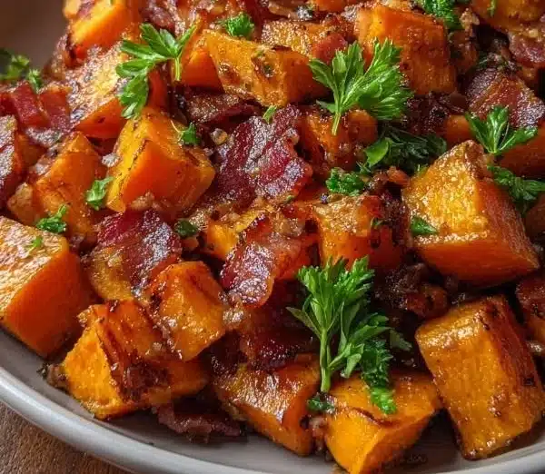 Maple Glazed Sweet Potatoes with Bacon 7 Maple glazed sweet potatoes topped with crispy bacon, served in a dish.