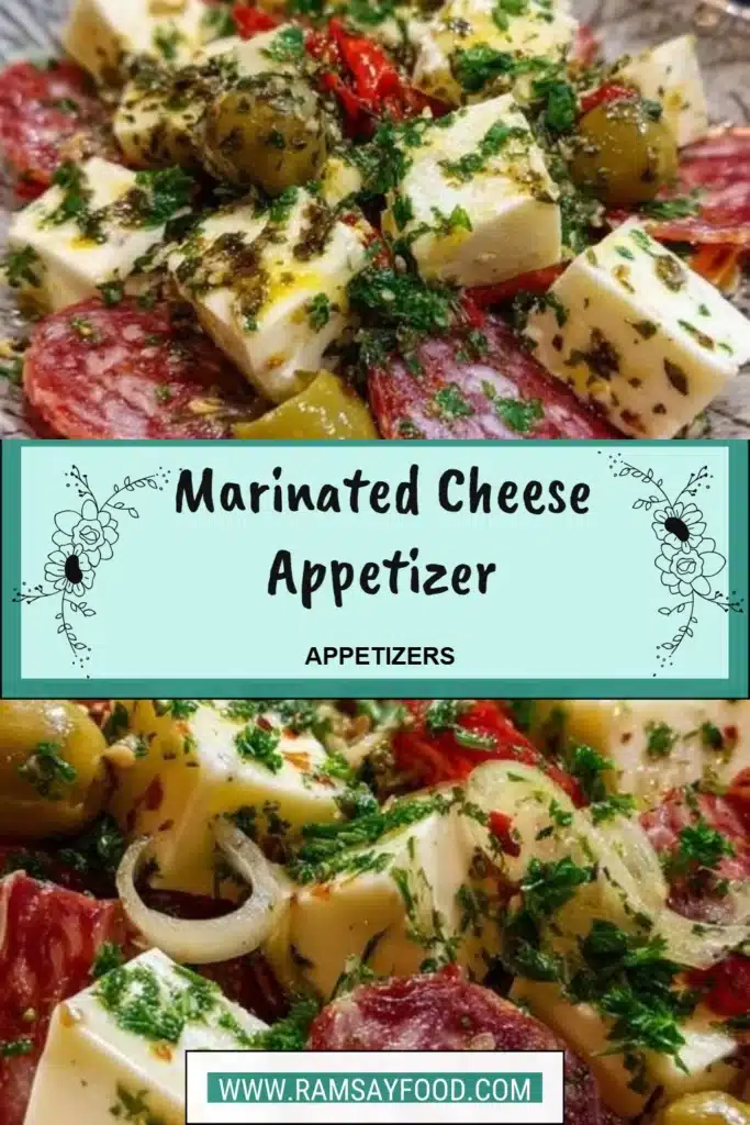 Delicious marinated cheese appetizer garnished with herbs and spices