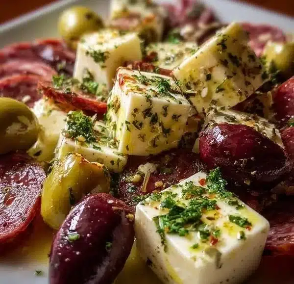 Marinated Cheese Appetizer with Salami & Green Olives 6 Delicious marinated cheese appetizer with salami and green olives