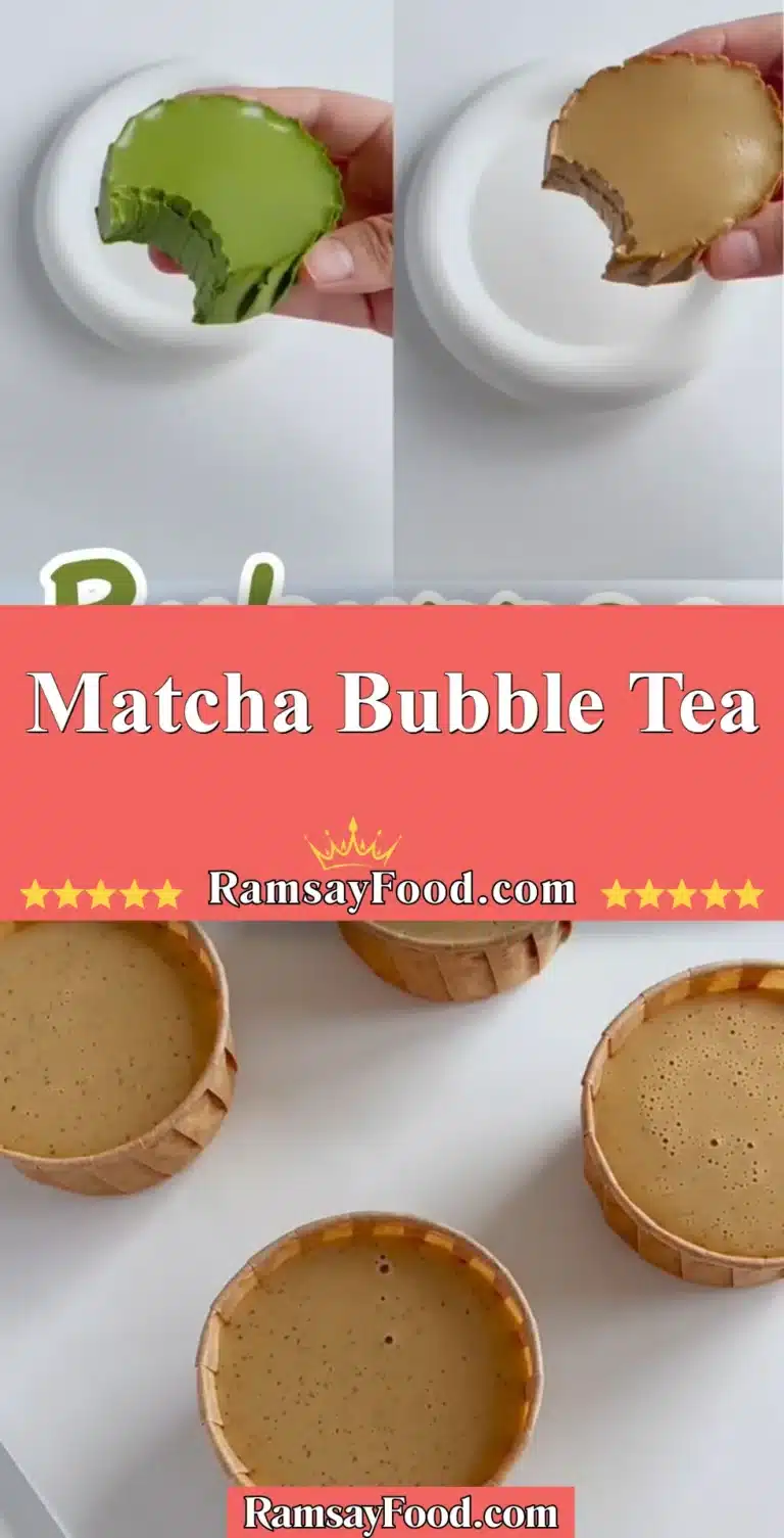 Matcha Bubble Tea 6 Cup of vibrant green Matcha Bubble Tea with tapioca pearls on a wooden table.