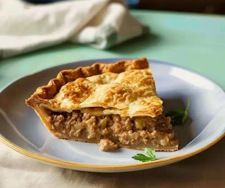Homemade meat pie with flaky crust and hearty filling, ready to be served