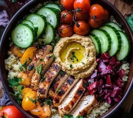 Mediterranean Chicken Bowls: Fresh, Flavorful, and Easy to Make 6 Mediterranean Chicken Bowl with colorful veggies and grilled chicken