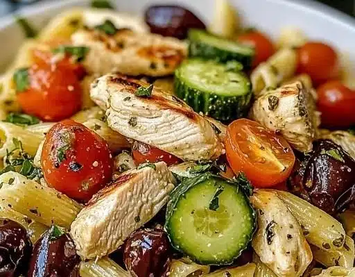 Mediterranean Chicken Pasta Salad with fresh herbs and vegetables