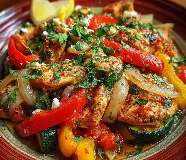 Colorful Mediterranean Chicken Stir Fry with vegetables in a skillet