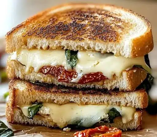 Mediterranean Grilled Cheese Sandwich for Cozy Nights at Home 8 Mediterranean grilled cheese sandwich with herbs and melted cheese on a rustic plate.