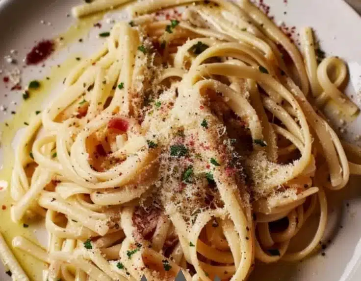 Midnight buttered noodles with herbs served in a bowl