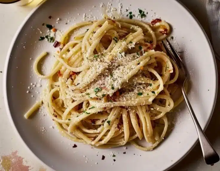 Midnight Buttered Noodles with Herbs 5 A bowl of Midnight Buttered Noodles with fresh herbs and garlic.