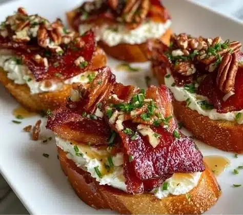 Million Dollar Bacon Crostini 8 Gourmet million dollar bacon crostini appetizer on a wooden serving board.