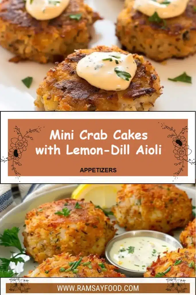 Delicious mini crab cakes served with lemon-dill aioli for dipping