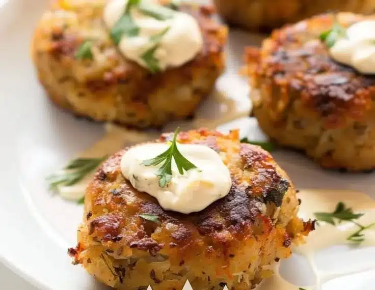 Mini crab cakes served with lemon-dill aioli on a plate