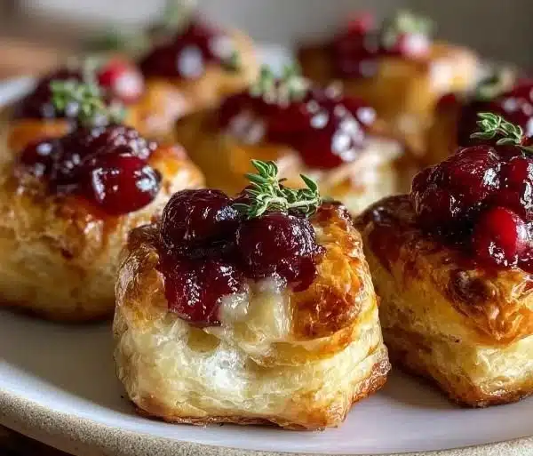Mini cranberry brie bites with flaky pastry and topped with fresh cranberries