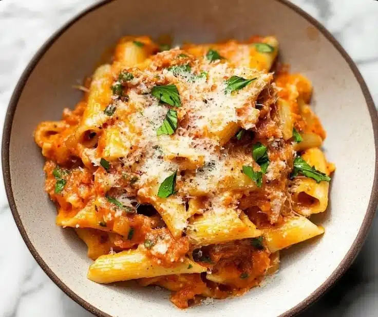 Mostaccioli 8 Plate of Mostaccioli pasta with marinara sauce and herbs